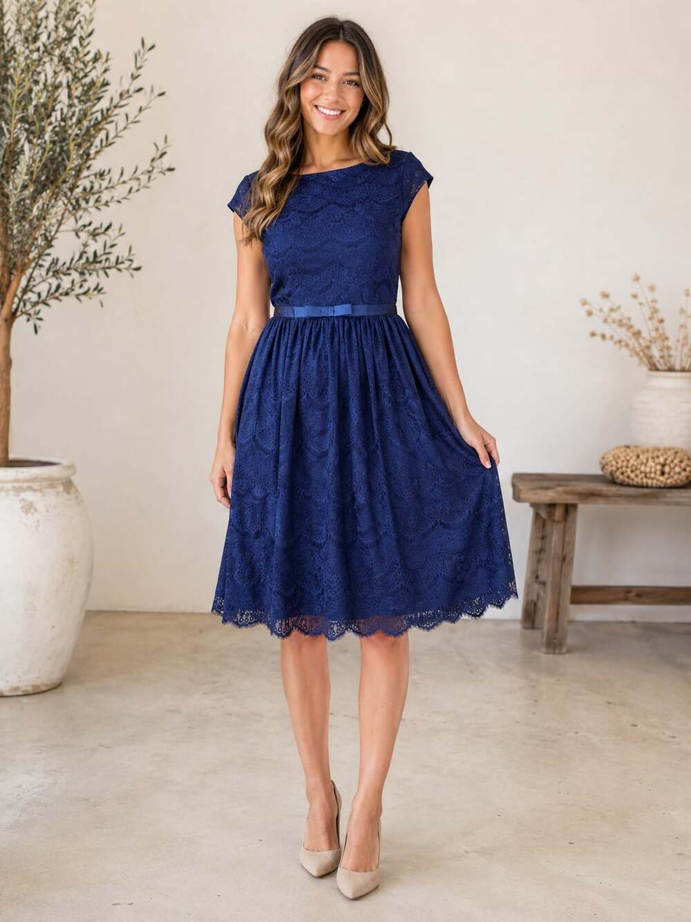 Shabby Apple Navy Lace Midi Dress with Satin Waist